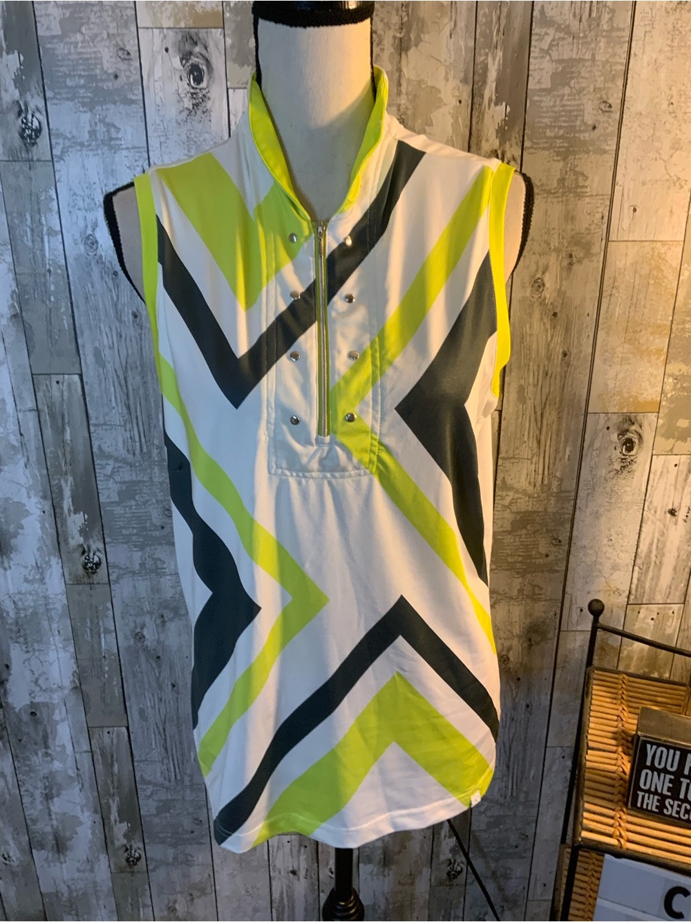 O'Neill Sleeveless Geo-Print Polo in Lime, Charcoal & White